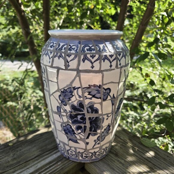 Blue & White Ceramic Mosaic Vase, Handmade - Picture 6 of 6